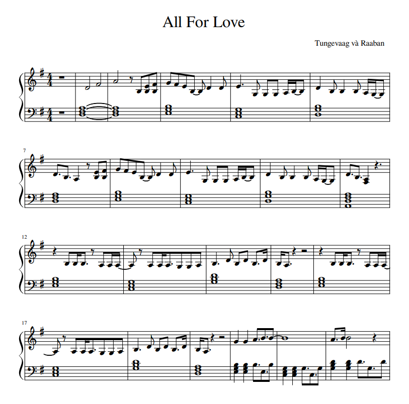 Tungevaag và Raaban -All For Love sheet music for piano download free